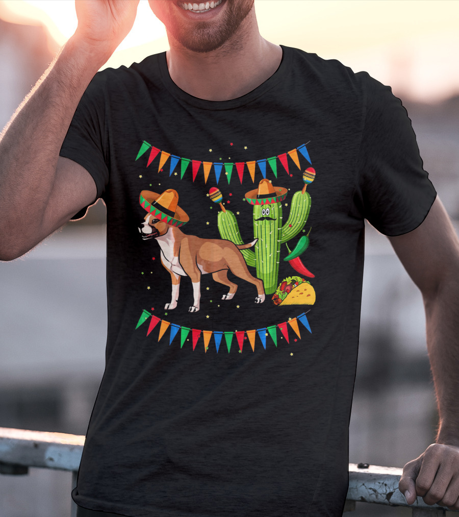 Cinco Sombrero Staffordshire Terrier Dog With Festive Cactus And Taco T-Shirt