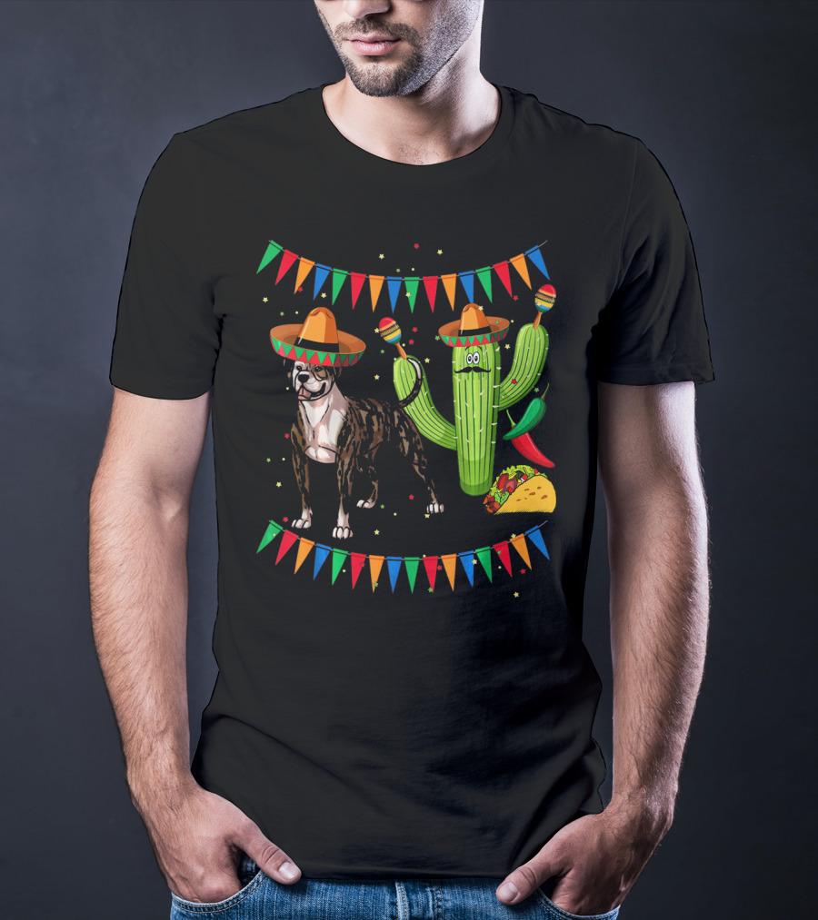Sombrero American Bulldog Dog Mexico Cactus Chili Taco Fiesta T-Shirt