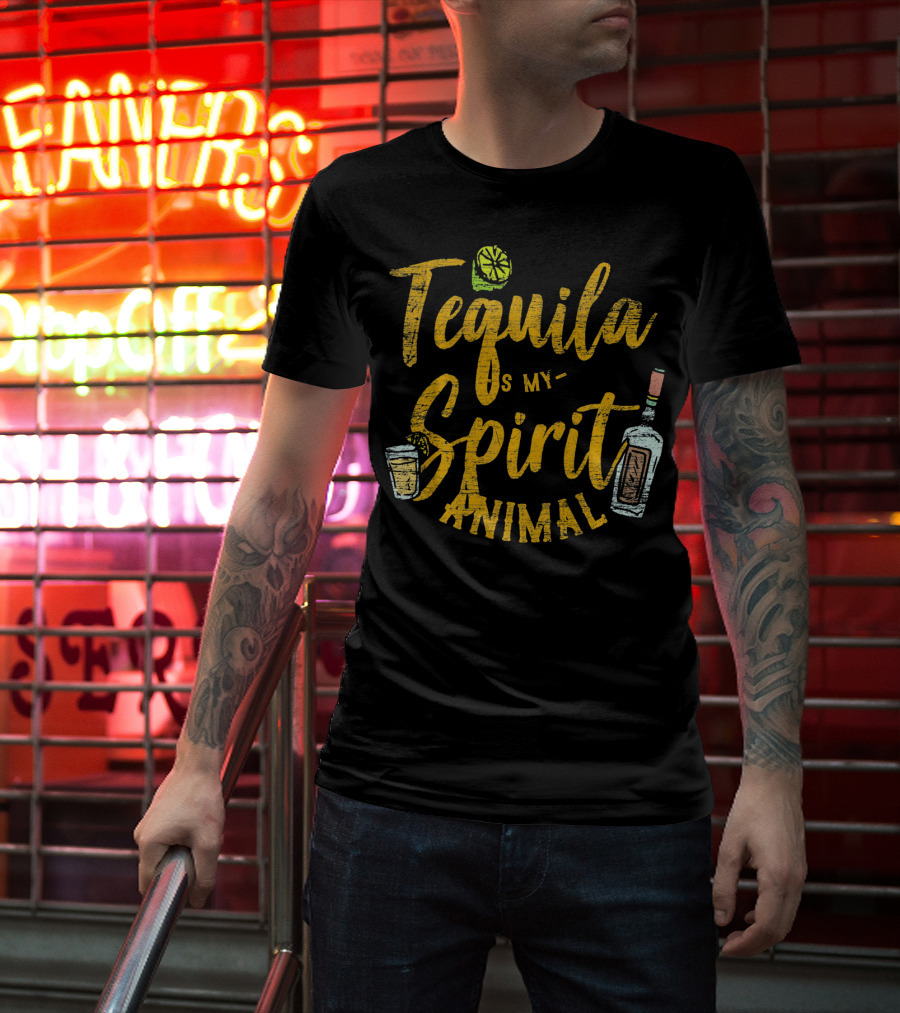 Tequila Is My Spirit Animal Lime Glass Bottle T-Shirt