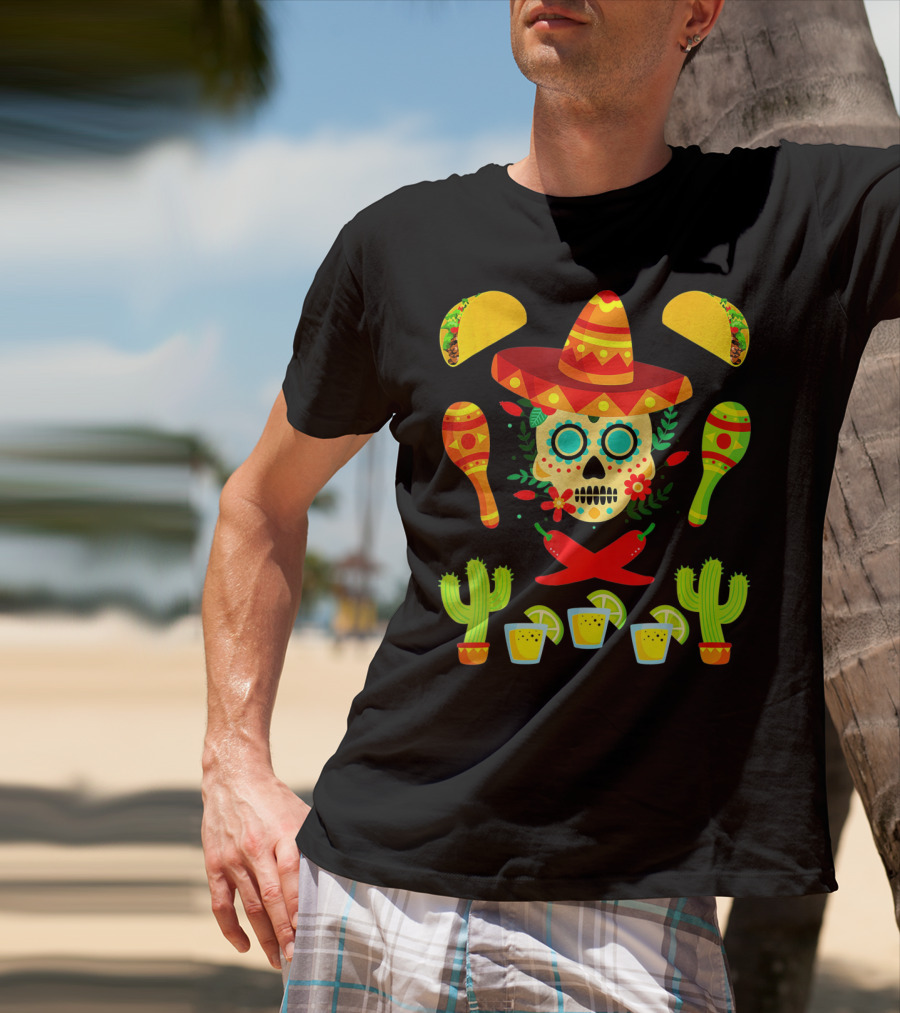 Festive Cinco De Mayo Sombrero Skull With Tacos And Maracas T-Shirt