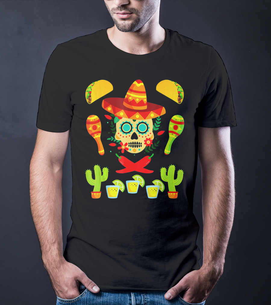 Festive Cinco De Mayo Sombrero Skull With Tacos And Maracas T-Shirt