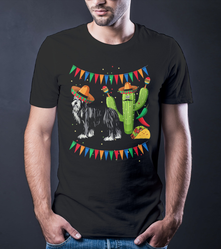 Sombrero Bearded Collie Dog Cactus Fiesta Mexico Cinco De Mayo Flags Taco Maracas T-Shirt