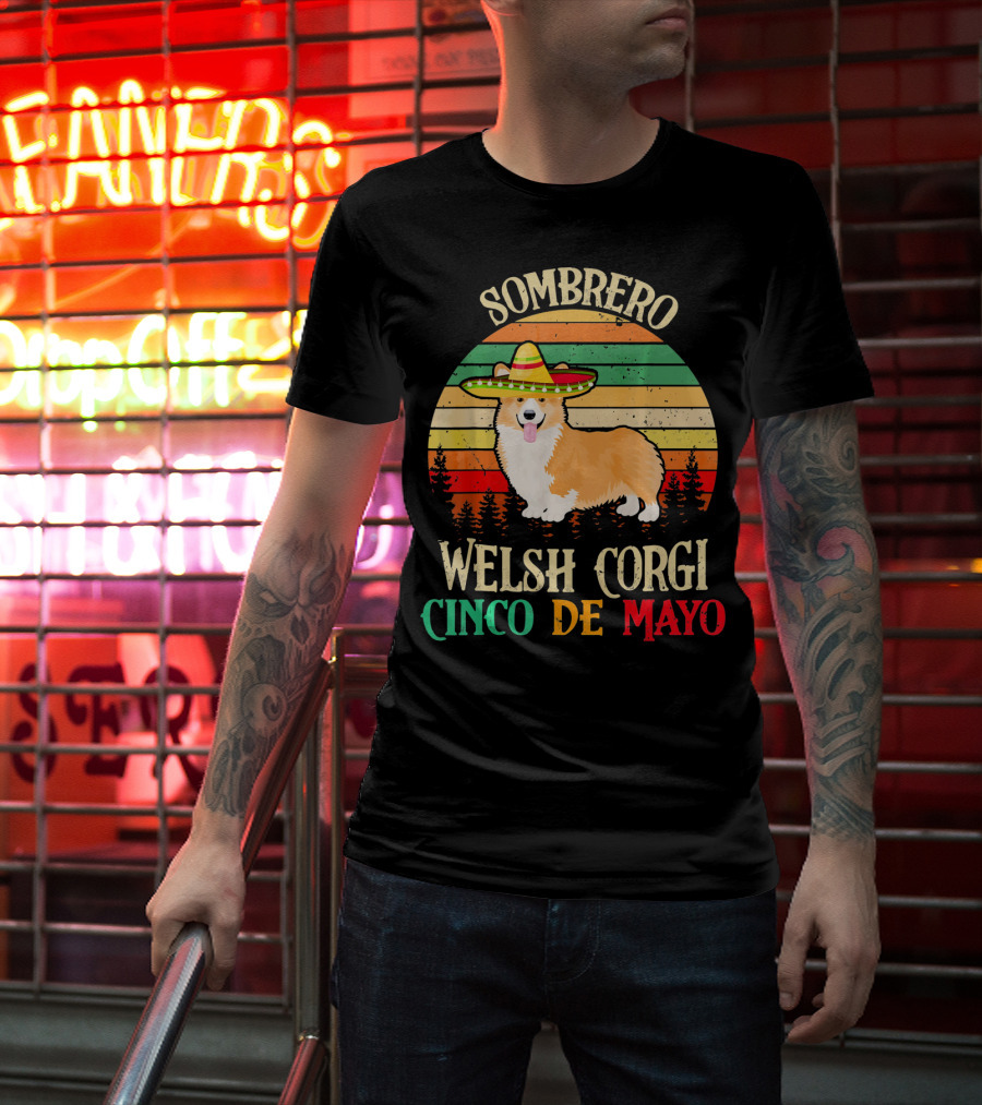 Sombrero Welsh Corgi Cinco De Mayo Vintage Sunset T-Shirt