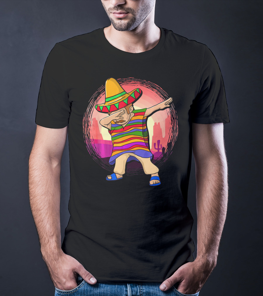 Mexican Poncho Sombrero Dabbing Sunset Cactus Background T-Shirt