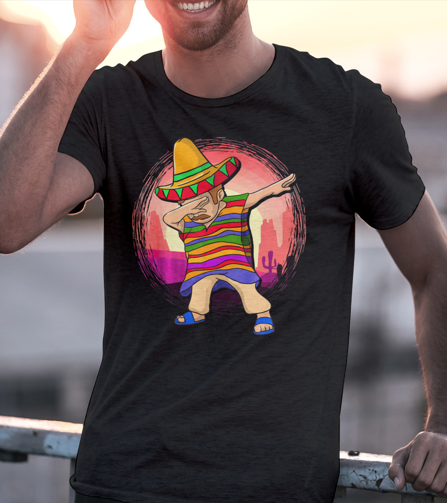 Mexican Poncho Sombrero Dabbing Sunset Cactus Background T-Shirt