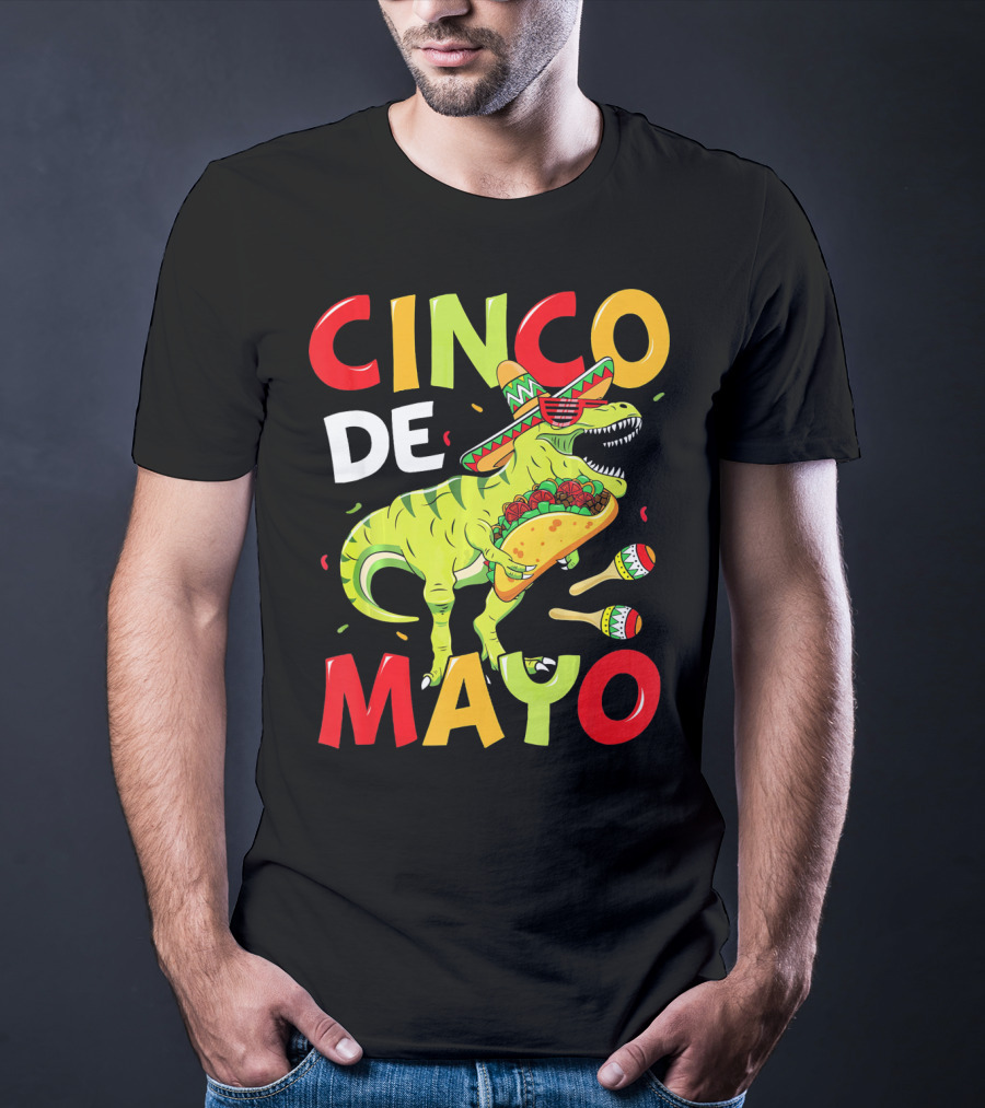 Cinco De Mayo T Rex Kids Boys Dino Sombrero Taco Maracas T-Shirt