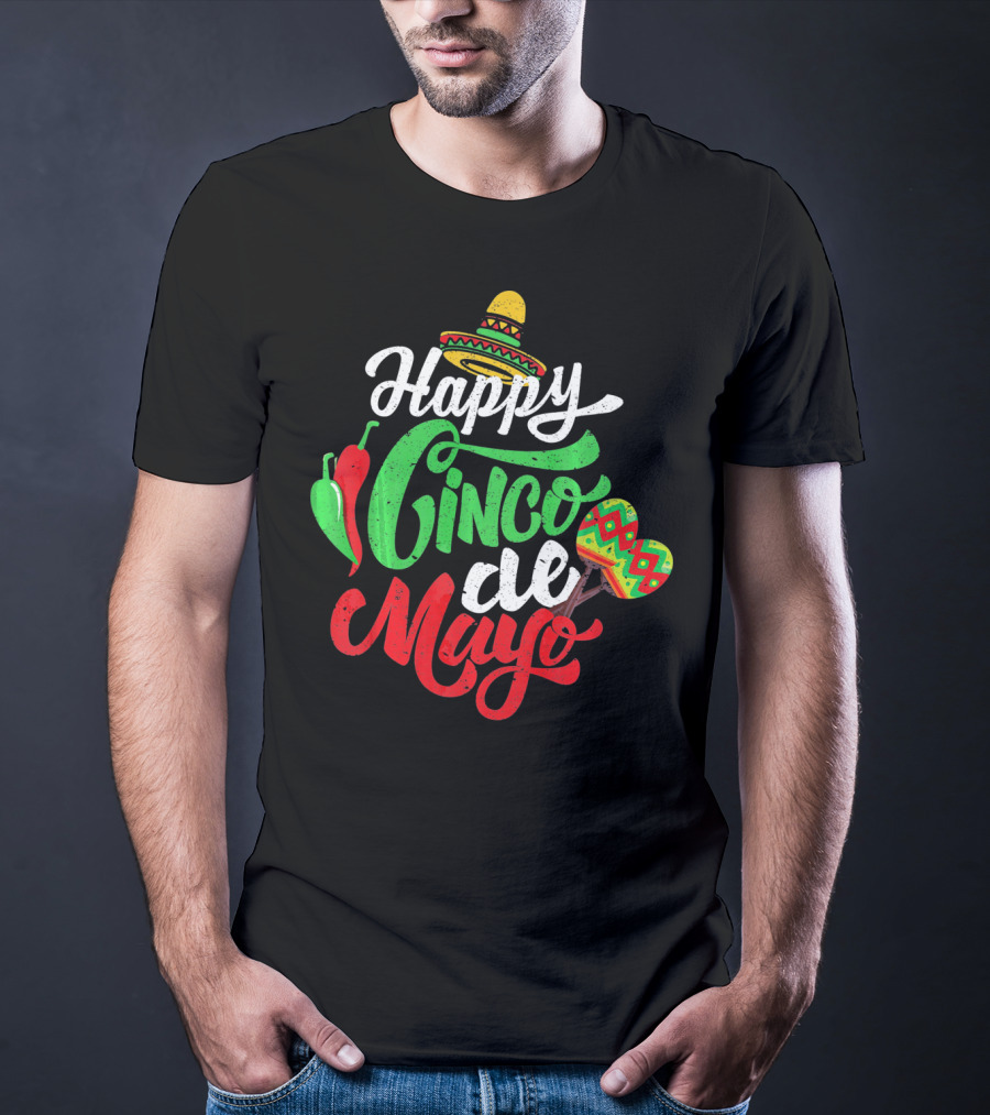 Happy Cinco De Mayo Mexican Peppers Sombrero Maracas T-Shirt