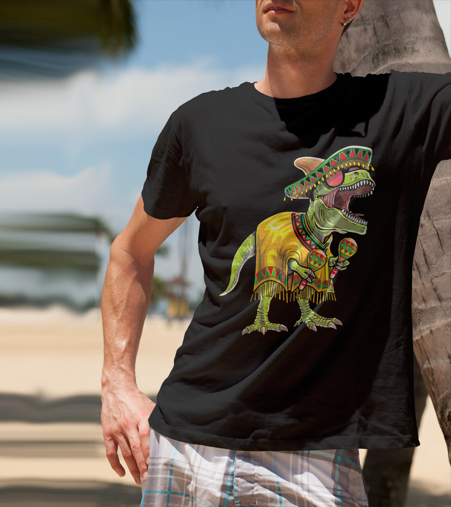 Cinco De Mayo Dinosaur Sombrero Maracas Poncho Fiesta T-Shirt
