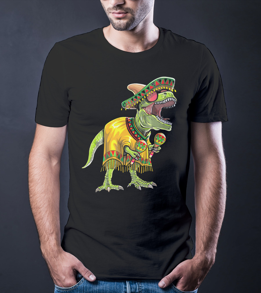 Cinco De Mayo Dinosaur Sombrero Maracas Poncho Fiesta T-Shirt