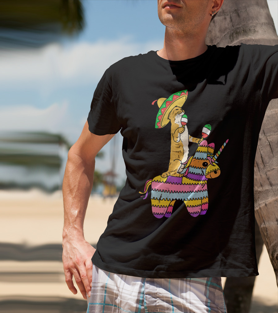 Cinco De Meow Cat Riding Colorful Unicorn Pinata With Sombrero And Maracas T-Shirt