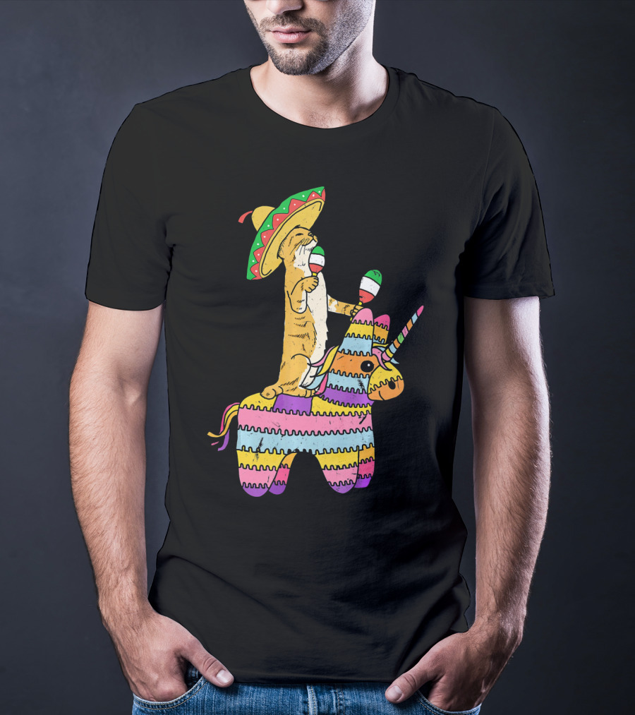 Cinco De Meow Cat Riding Colorful Unicorn Pinata With Sombrero And Maracas T-Shirt