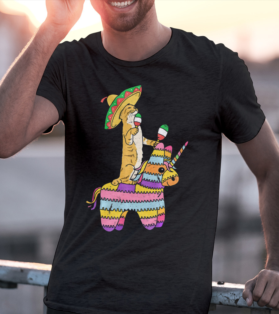 Cinco De Meow Cat Riding Colorful Unicorn Pinata With Sombrero And Maracas T-Shirt