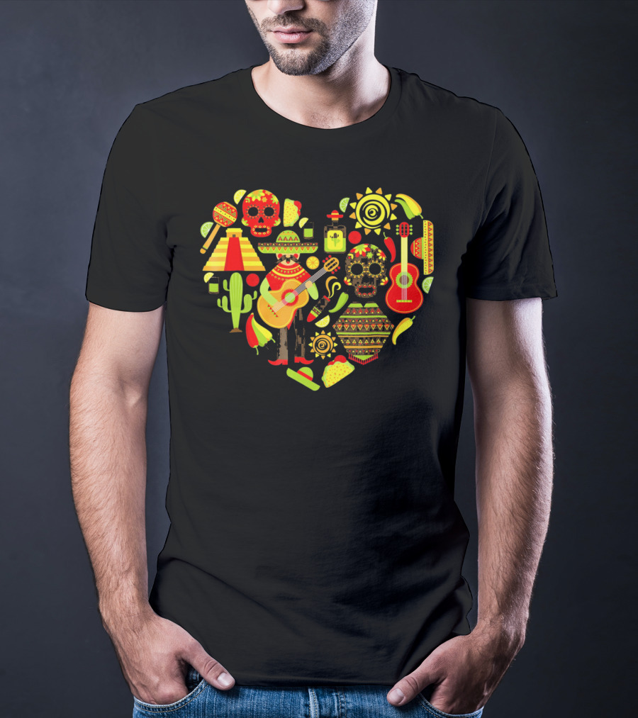 Cinco De Mayo Love Skull Guitar Cactus Sombrero Heart T-Shirt