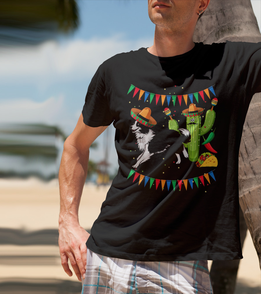 Sombrero Border Collie Dog Cactus Taco Mexico Cinco T-Shirt