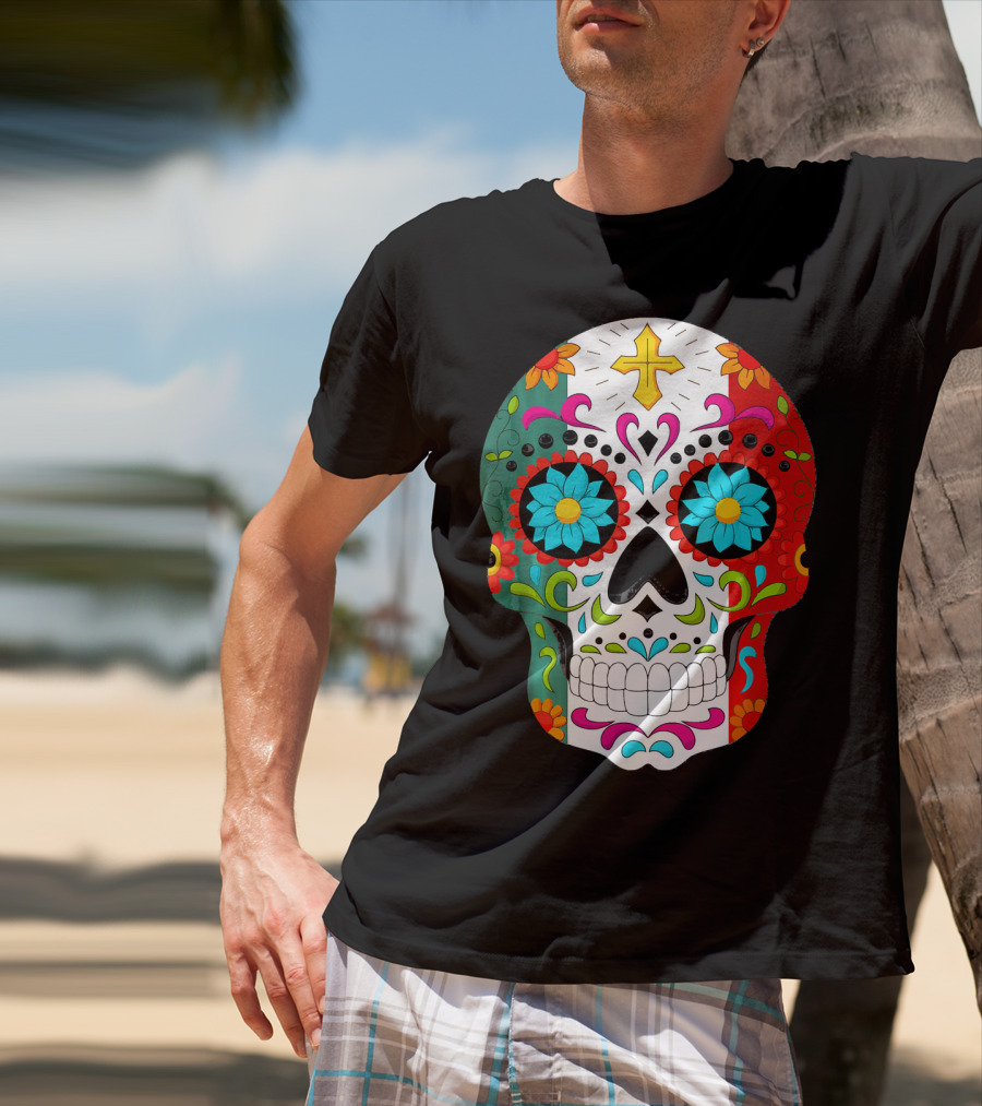 Day Of The Dead Sugar Skull Cinco De Mayo Mexican Flag Colors T-Shirt