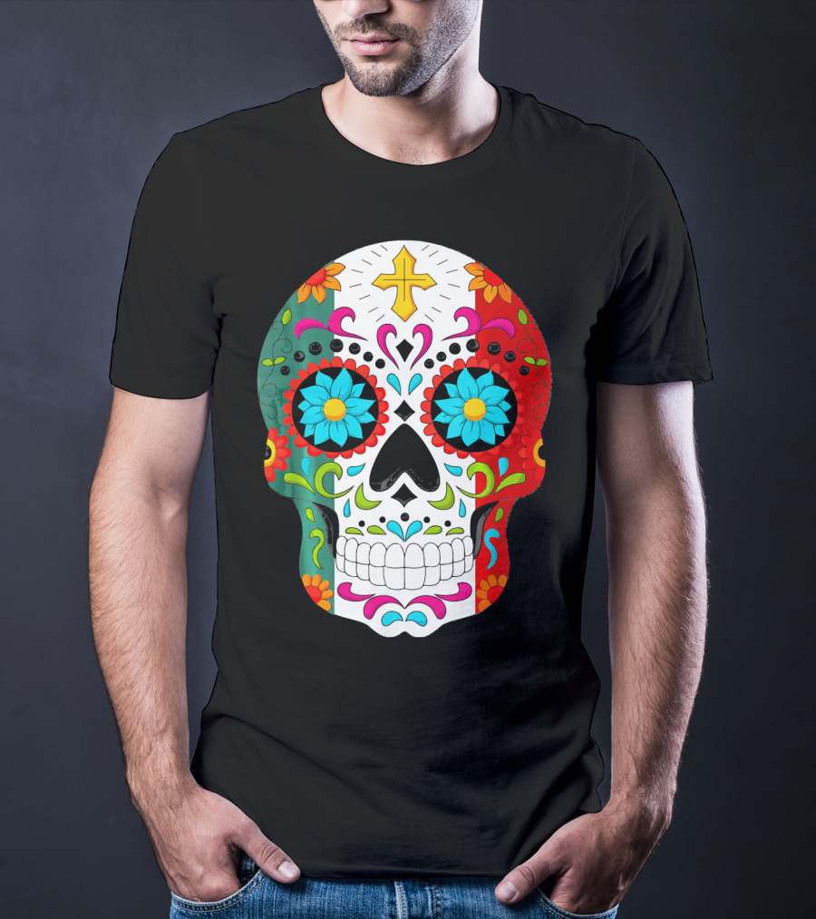 Day Of The Dead Sugar Skull Cinco De Mayo Mexican Flag Colors T-Shirt