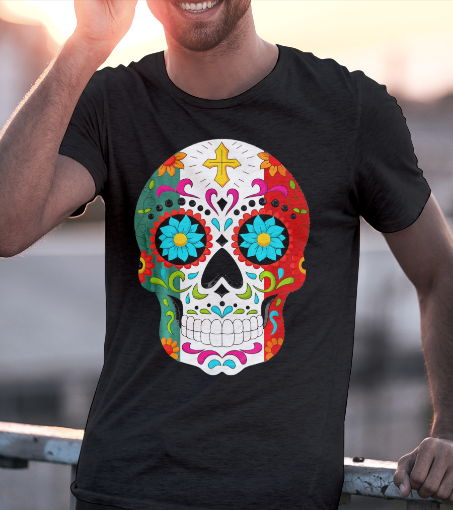 Day Of The Dead Sugar Skull Cinco De Mayo Mexican Flag Colors T-Shirt