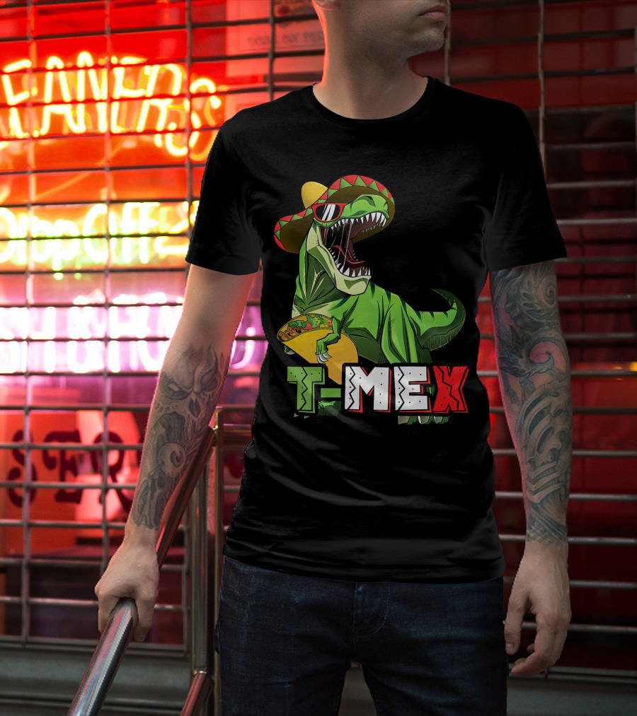 T-Mex Dinosaur Taco Holding Sombrero Sunglasses Kids Taco Tuesday Cinco T-Shirt