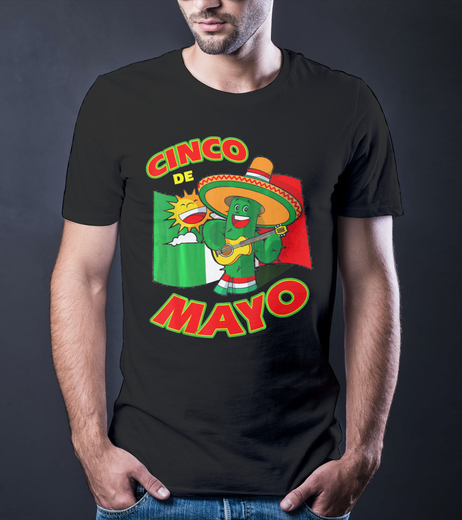 Cinco De Mayo Fiesta Cactus Sombrero Guitar Mexican Flag T-Shirt