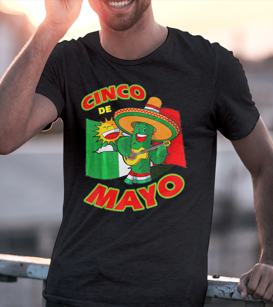 Cinco De Mayo Fiesta Cactus Sombrero Guitar Mexican Flag T-Shirt