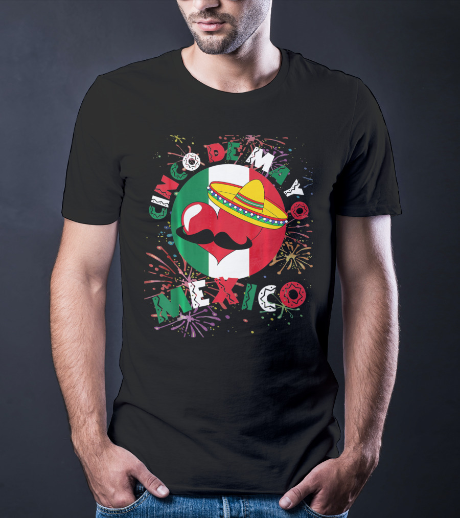 Cinco De Mayo Mexico Celebration Heart Sombrero Fireworks T-Shirt