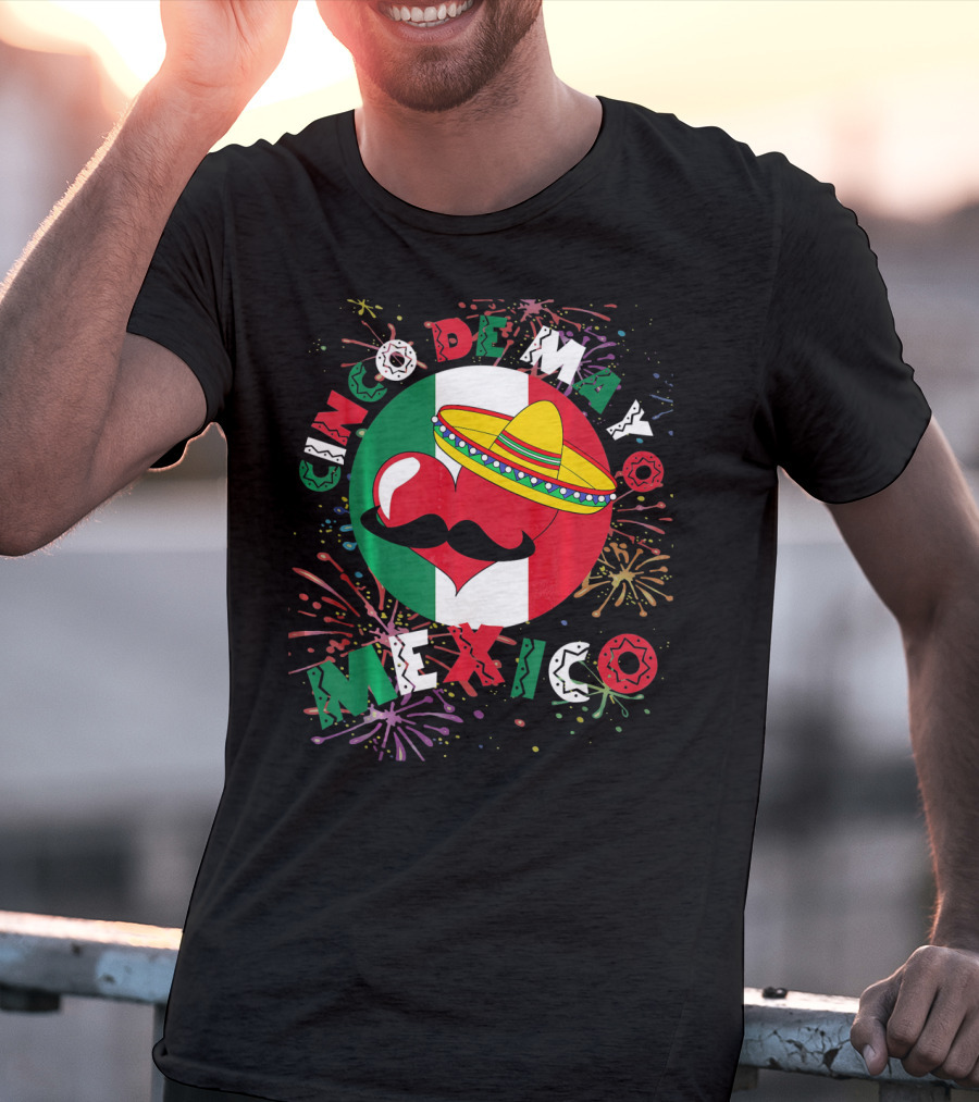Cinco De Mayo Mexico Celebration Heart Sombrero Fireworks T-Shirt