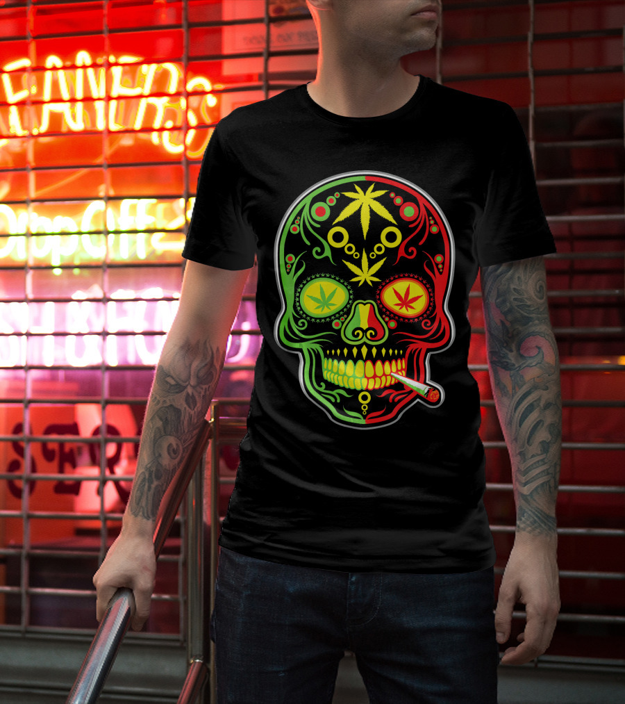 Weed Sugar Skull Marijuana Canna Rasta Colors T-Shirt