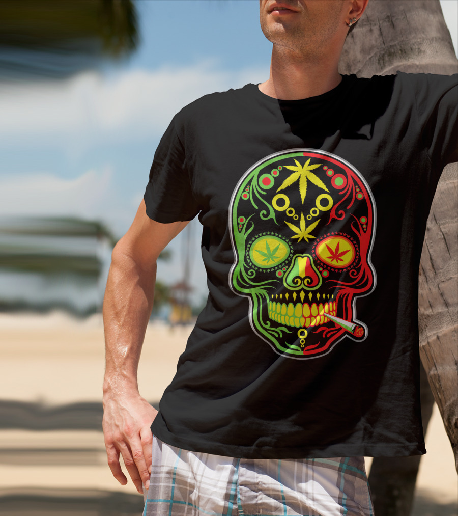 Weed Sugar Skull Marijuana Canna Rasta Colors T-Shirt