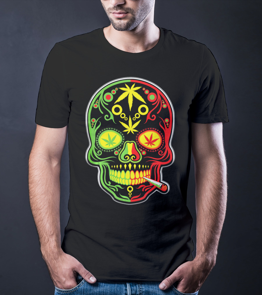 Weed Sugar Skull Marijuana Canna Rasta Colors T-Shirt