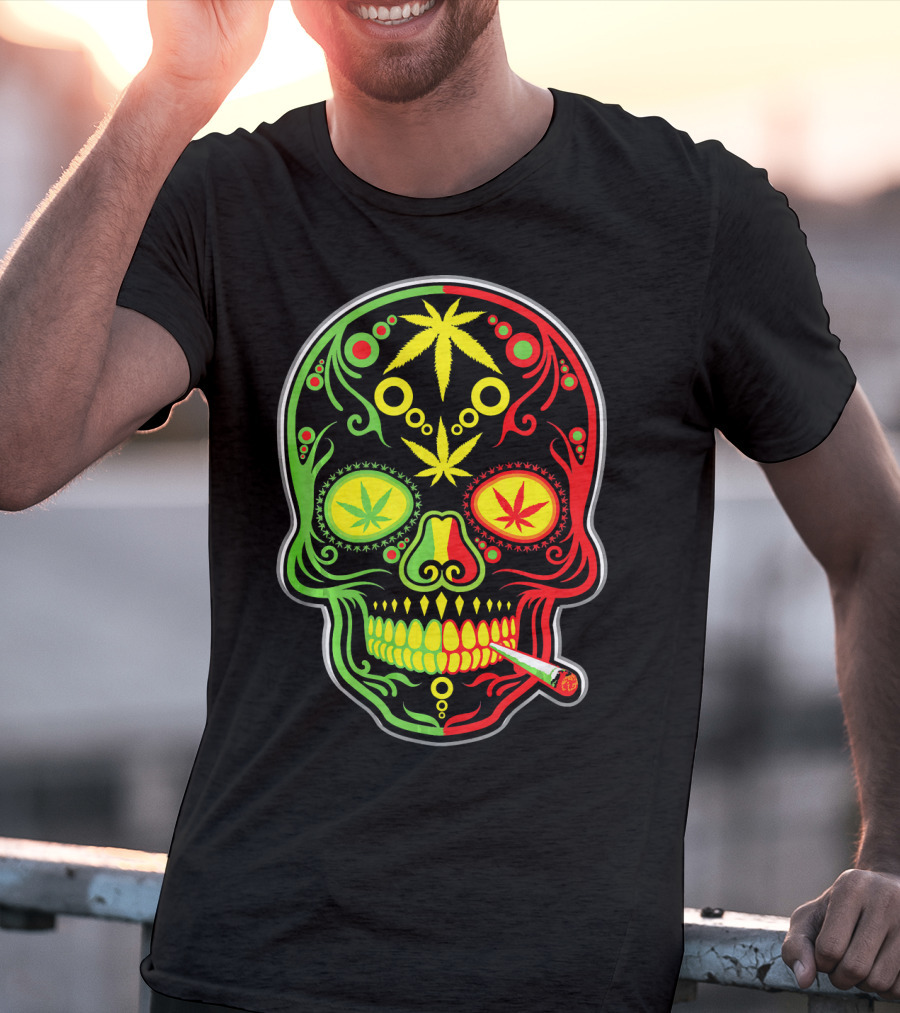 Weed Sugar Skull Marijuana Canna Rasta Colors T-Shirt