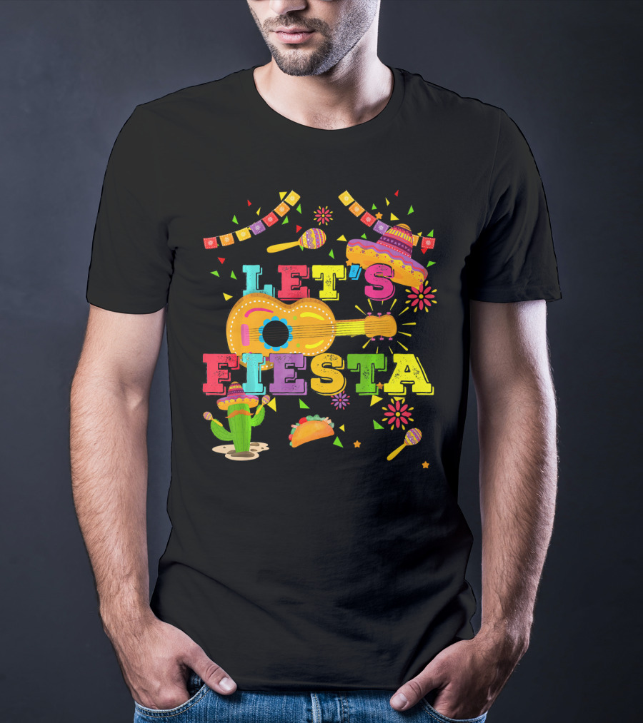 Let's Fiesta Cinco De Mayo Mexican Celebration Guitar Sombrero Maracas Taco Cactus Decorations T-Shirt