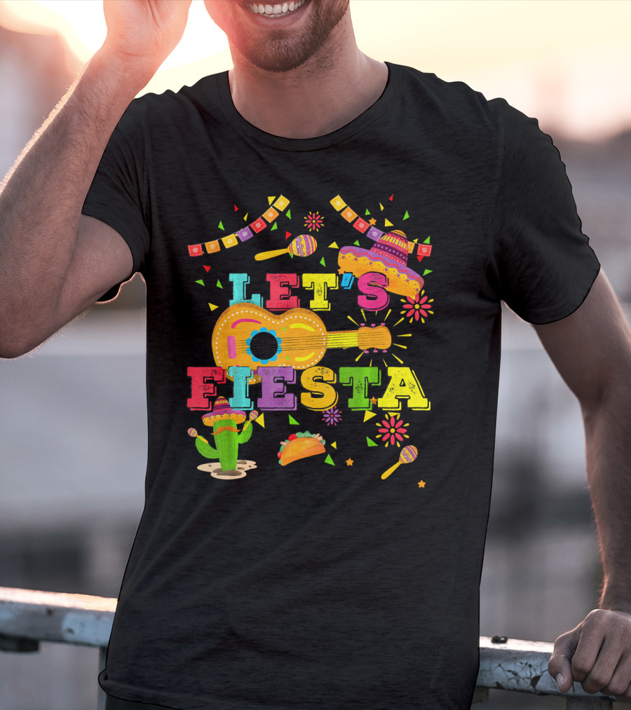 Let's Fiesta Cinco De Mayo Mexican Celebration Guitar Sombrero Maracas Taco Cactus Decorations T-Shirt