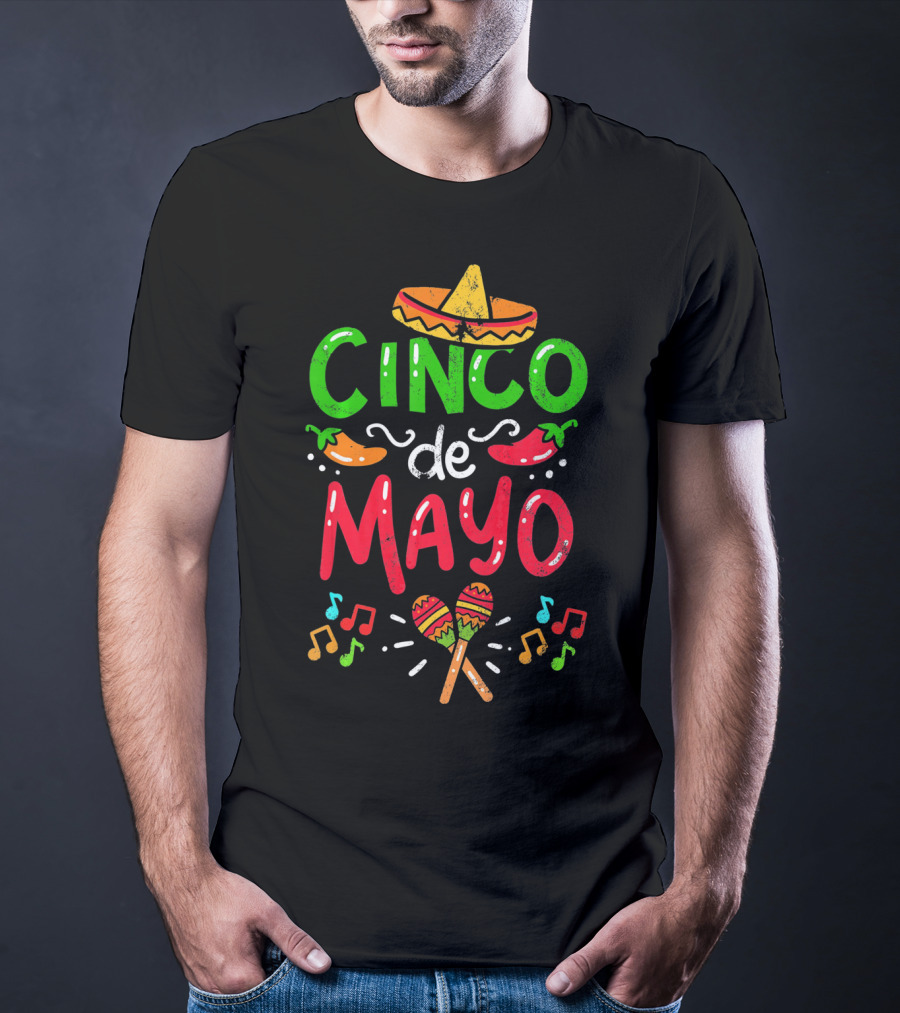 Cinco De Mayo Mexico Sombrero Maracas Peppers Music Notes T-Shirt