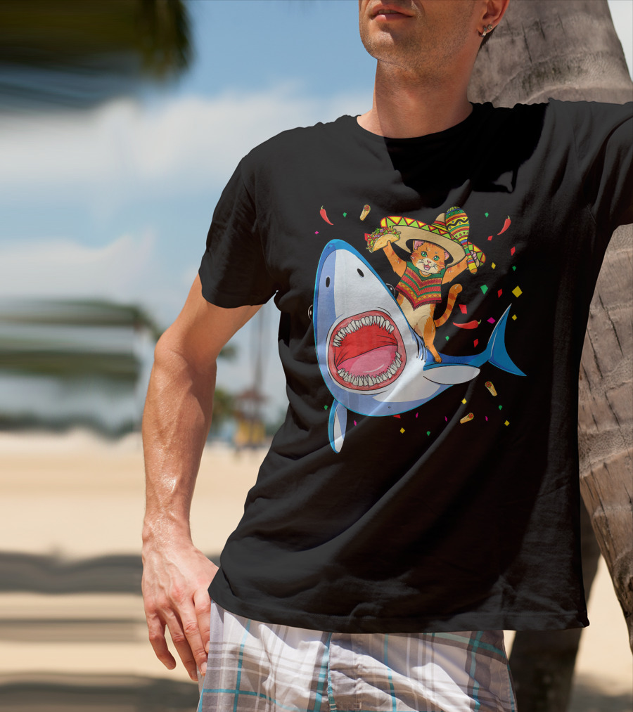 Funny Taco Cat Riding Shark Cinco De Mayo Sombrero T-Shirt