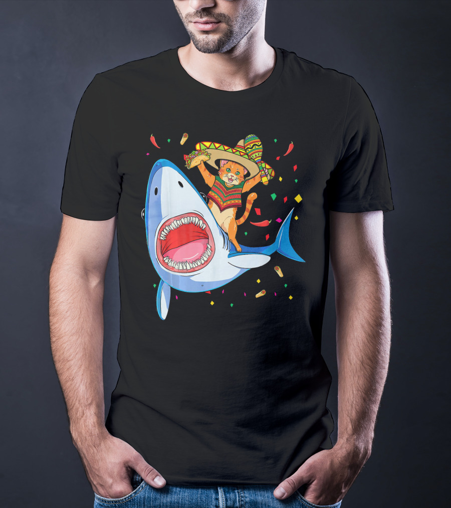 Funny Taco Cat Riding Shark Cinco De Mayo Sombrero T-Shirt