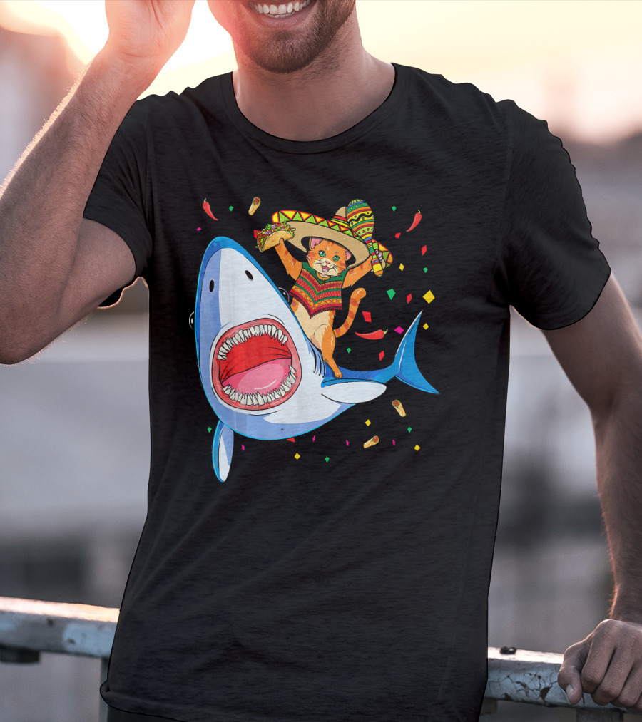 Funny Taco Cat Riding Shark Cinco De Mayo Sombrero T-Shirt