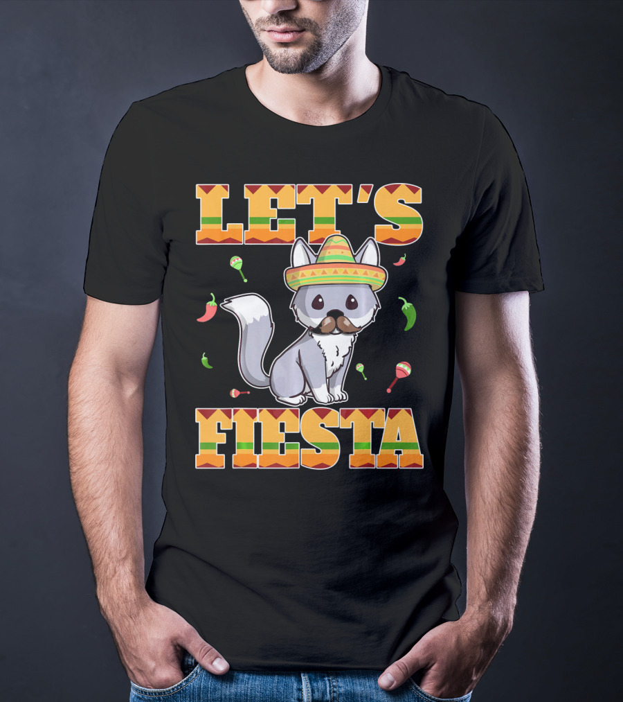 Let's Fiesta Kitty Cat Cinco De Mayo Mexi Sombrero Peppers Maracas T-Shirt