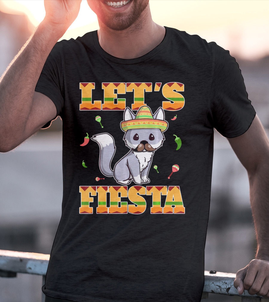 Let's Fiesta Kitty Cat Cinco De Mayo Mexi Sombrero Peppers Maracas T-Shirt