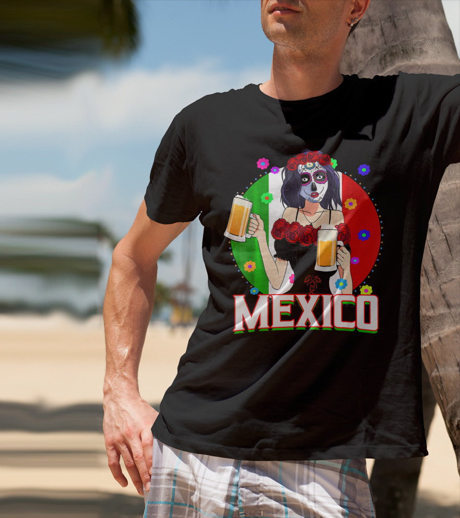 Cinco De Mayo Sugar Skull Woman Holding Beers Mexico Flag T-Shirt