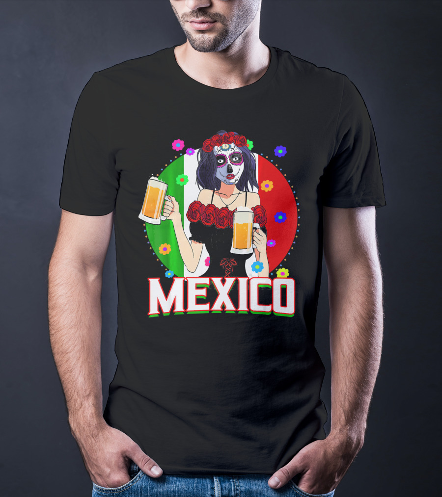 Cinco De Mayo Sugar Skull Woman Holding Beers Mexico Flag T-Shirt