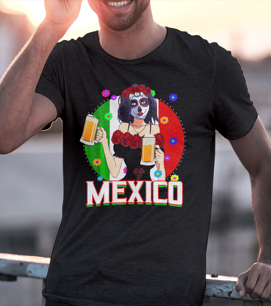 Cinco De Mayo Sugar Skull Woman Holding Beers Mexico Flag T-Shirt
