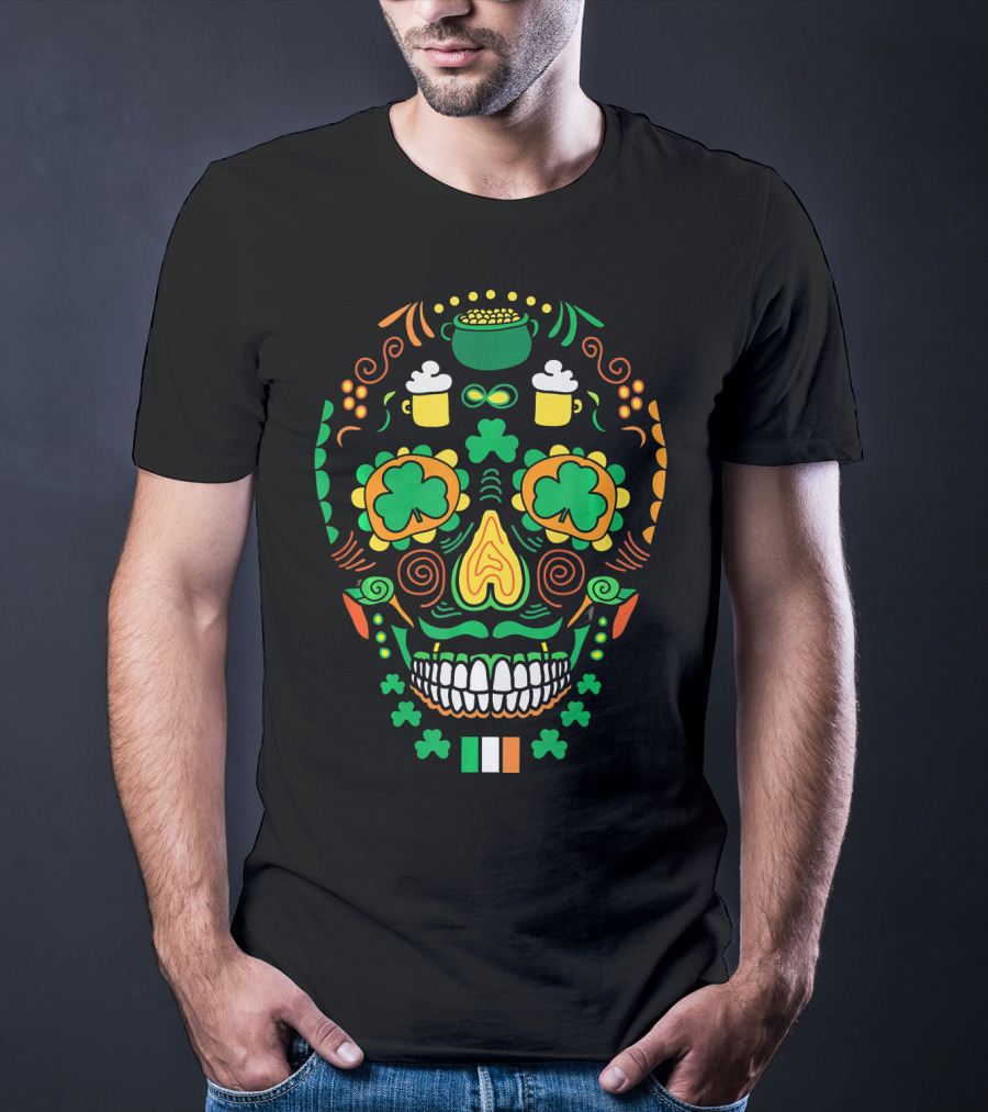 Shamrock Sugar Skull Irish Cinco De Mayo T-Shirt