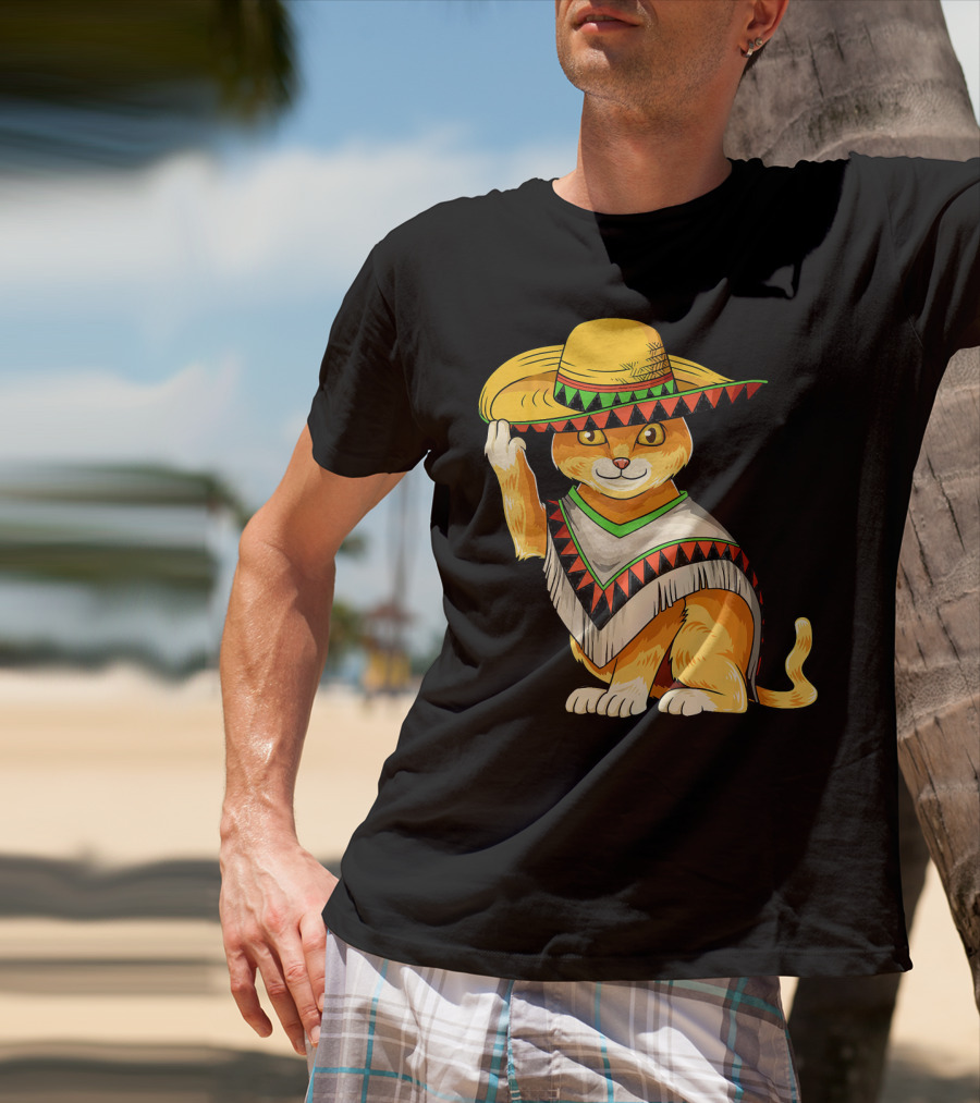 Mexican Cat Cinco De Mayo Cat Poncho Sombrero Fiesta T-Shirt