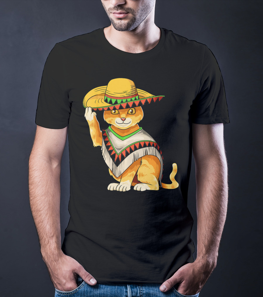 Mexican Cat Cinco De Mayo Cat Poncho Sombrero Fiesta T-Shirt