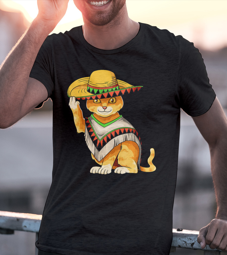 Mexican Cat Cinco De Mayo Cat Poncho Sombrero Fiesta T-Shirt