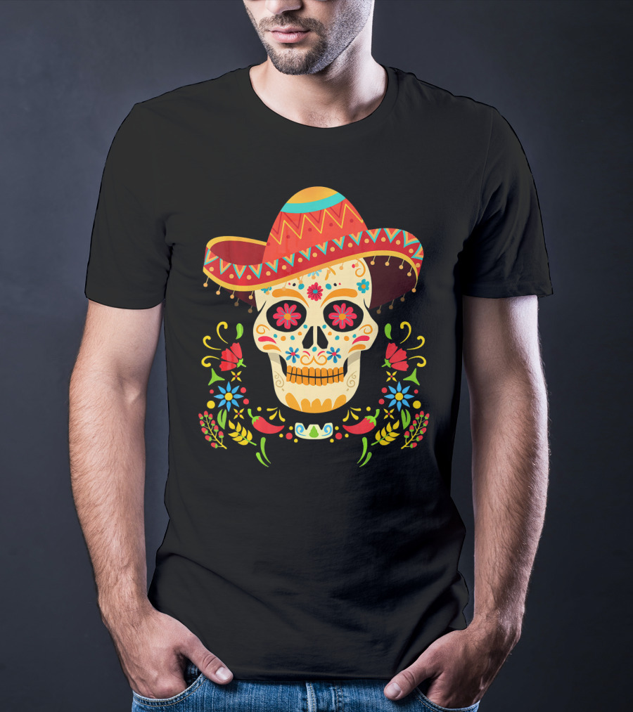 Day Of The Dead Skull Cinco De Mayo Sombrero Floral Fiesta T-Shirt