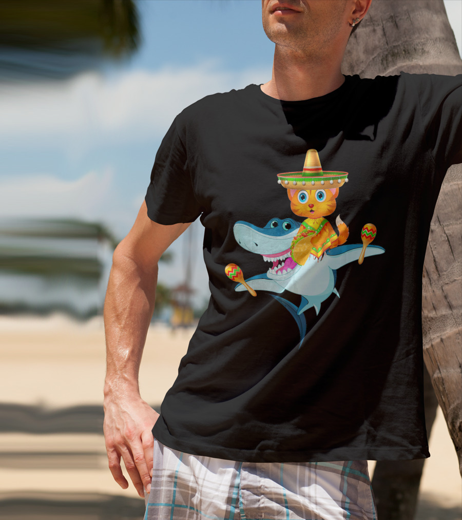 Funny Cinco De Mayo Cat Riding A Shark Sombrero Maracas Fiesta T-Shirt