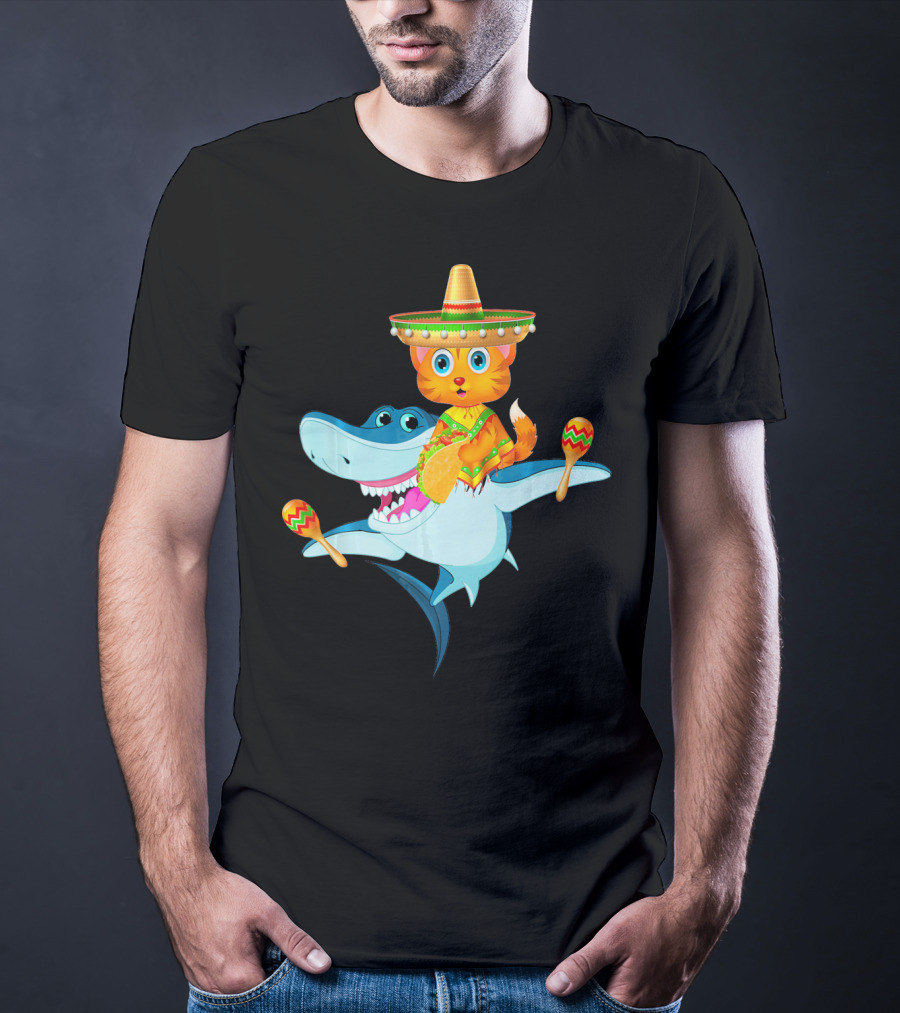 Funny Cinco De Mayo Cat Riding A Shark Sombrero Maracas Fiesta T-Shirt