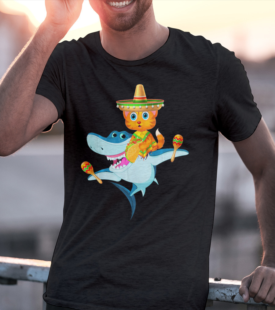 Funny Cinco De Mayo Cat Riding A Shark Sombrero Maracas Fiesta T-Shirt