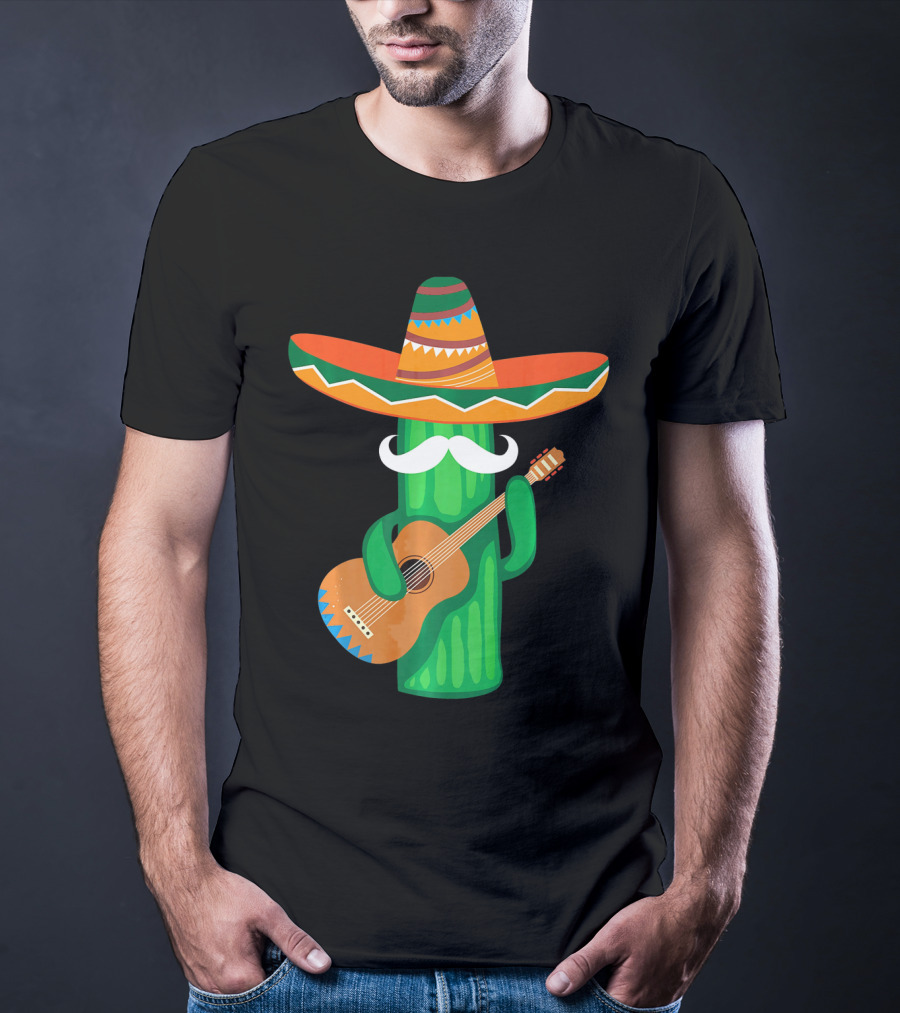 Mustache Cactus Sombrero Playing Guitar T-Shirt